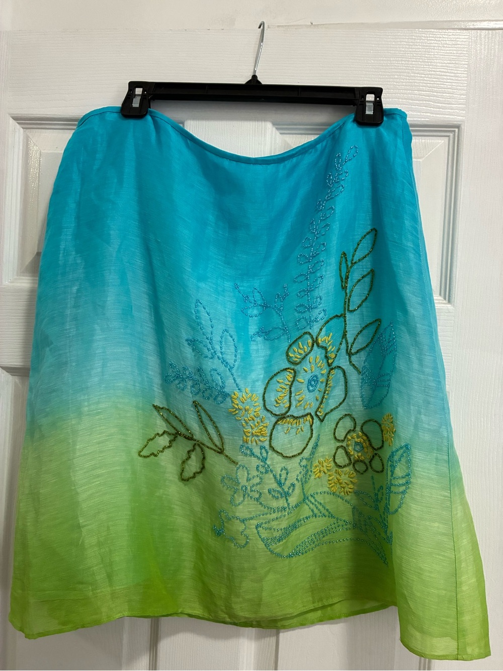 Sigrid Olsen Blue-Green Ombre Embroidered A-Line Skirt Size 14